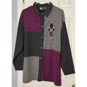 Vintage B Blast Pink Gray Black Button Up Sweater Grandma Core Embroirdered XL
